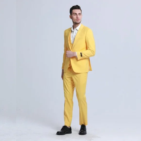 Men's Skinny-Fit 3-Piece Suit w/ Double-Breasted Vest, Yellow Canary